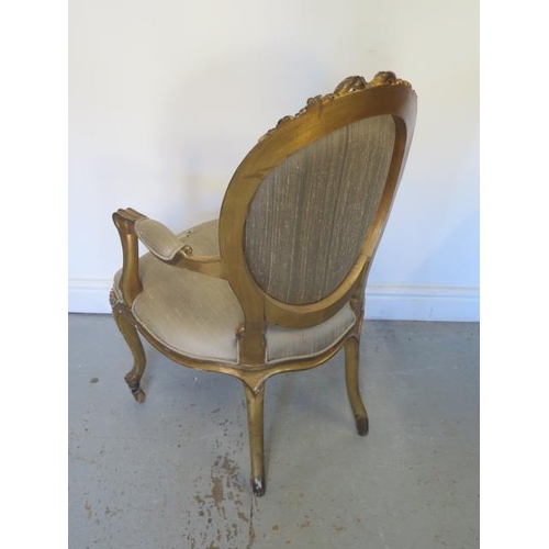 484 - A French style gilt open elbow chair with silk cover - Height 95cm x Width 56cm