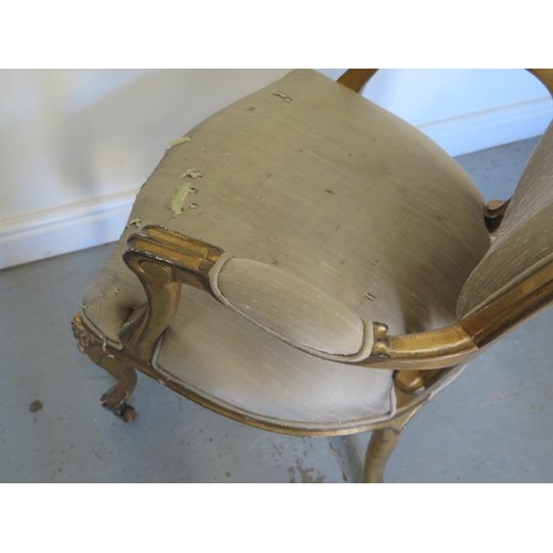 484 - A French style gilt open elbow chair with silk cover - Height 95cm x Width 56cm