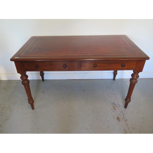 490 - A good Victorian mahogany two drawer library table with a leather inset top on turned legs - Height ... 