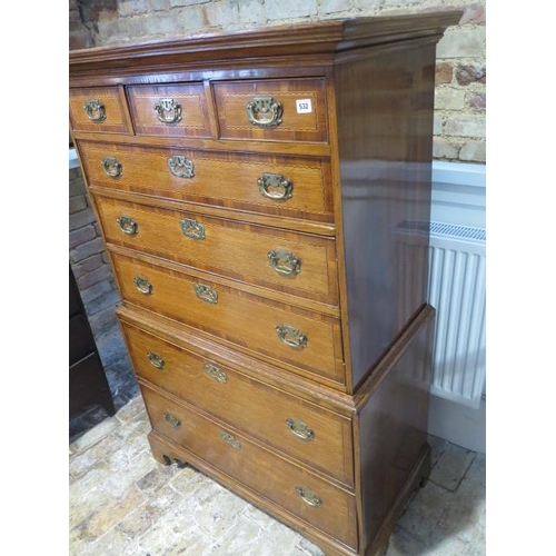 532 - A Georgian style oak chest on chest with crossbanded and inlaid drawers, three small over five long ... 