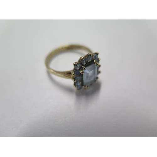 80 - A hallmarked 9ct yellow gold aquamarine cluster ring - head approx 10mm x 12mm, ring size J - approx... 