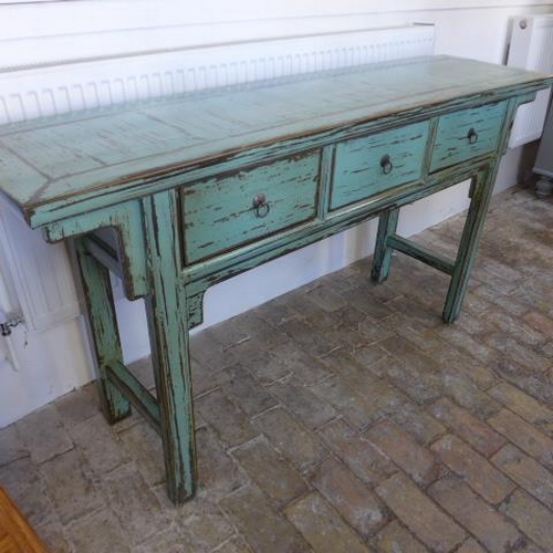 34 - A good quality distressed painted console table with three drawers - Width 162cm x Depth 41cm x Heig... 