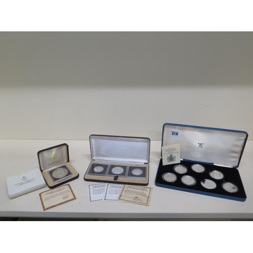 218 - Three boxed sets of silver proof coins - 7 Queen Elizabeth The Queen Mother 80th Birthday Crown set,... 