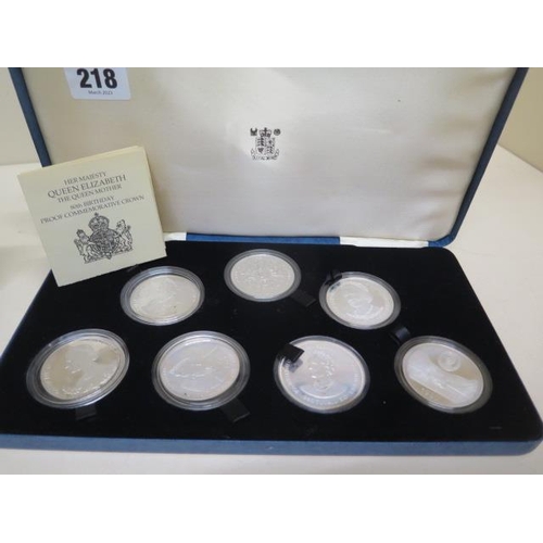 218 - Three boxed sets of silver proof coins - 7 Queen Elizabeth The Queen Mother 80th Birthday Crown set,... 