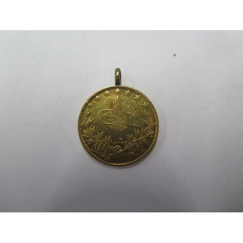 220 - A gold Turkish 100 Kurush coin on a pendant mount - total approx weight 7.4 grams