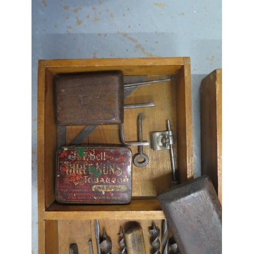 270 - A 19th century pine carpenters tool chest with moulding and other planes, chisels, saws as per photo... 