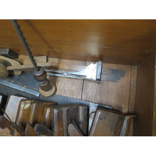 270 - A 19th century pine carpenters tool chest with moulding and other planes, chisels, saws as per photo... 