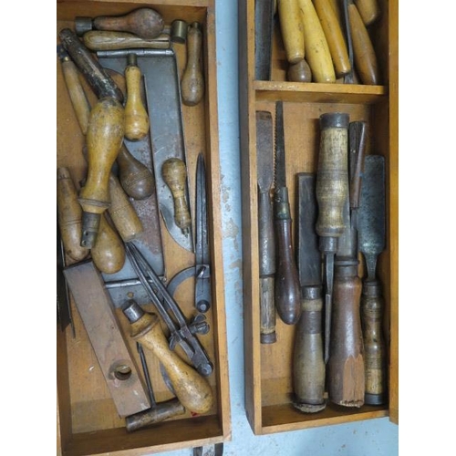 270 - A 19th century pine carpenters tool chest with moulding and other planes, chisels, saws as per photo... 