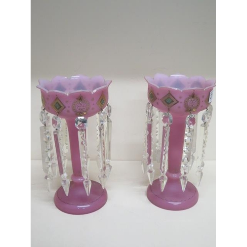 271 - A pair of pink glass lustres - Height 26cm - both good, minor chips to lustres