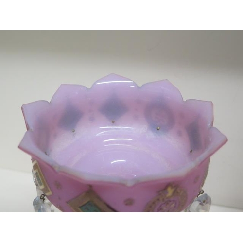 271 - A pair of pink glass lustres - Height 26cm - both good, minor chips to lustres