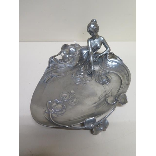 273 - An Art Nouveau polished pewter water lily card tray circa 1900 stamped with an angel symbol and the ... 