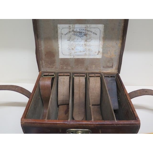 282 - A good quality leather and brass cartridge case makers label Arthur J Chamberlain late Frederick Woo... 