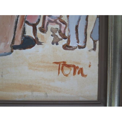 343 - Tommy Steele (b 1936) Oil on canvas board Clowns outside a circus tent in a silvered frame, frame si... 