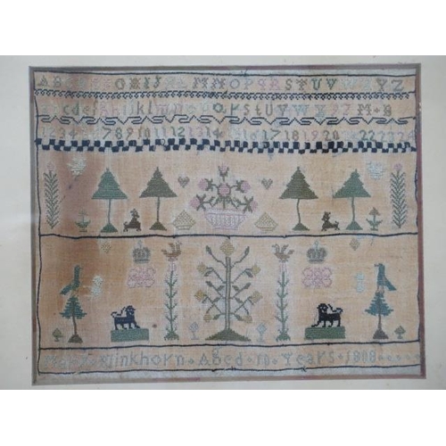A needlework pictorial sampler by Mary Blinkhorn aged 10 years 1808, in