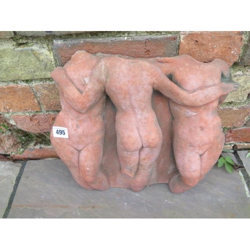 495 - A weathered terracotta garden wall plaque of The Three Graces - Width 38cm x Depth 8cm x Height 33cm