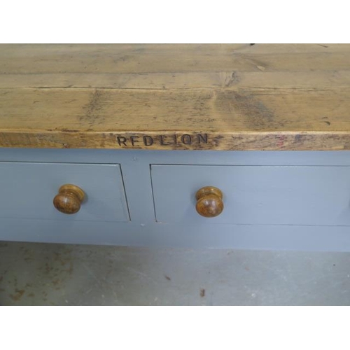 506 - A painted pine three drawer kitchen/studio serving work table with a waxed pine top - Height 86cm x ... 