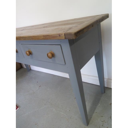 506 - A painted pine three drawer kitchen/studio serving work table with a waxed pine top - Height 86cm x ... 