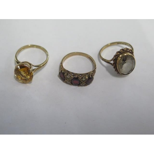 62 - Three 9ct yellow gold rings sizes L/M - total weight approx 9.5 grams