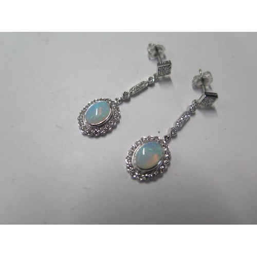 66 - 18ct white gold art deco style diamond and opal drop earrings - size approx 37mm x 11mm - diamonds b... 