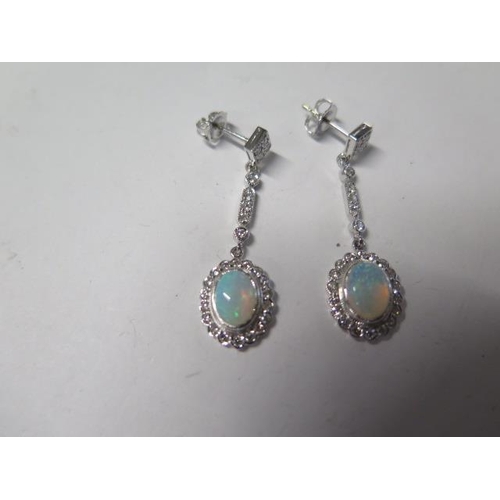 66 - 18ct white gold art deco style diamond and opal drop earrings - size approx 37mm x 11mm - diamonds b... 