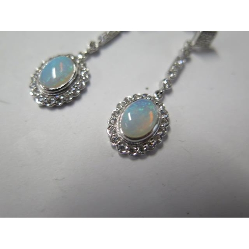 66 - 18ct white gold art deco style diamond and opal drop earrings - size approx 37mm x 11mm - diamonds b... 