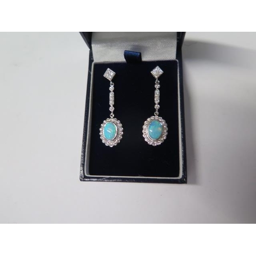 66 - 18ct white gold art deco style diamond and opal drop earrings - size approx 37mm x 11mm - diamonds b... 