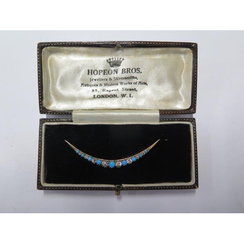 70 - An Edwardian 15ct (tested) turquoise and diamond crescent brooch - size approx 50mm x 15mm - diamond... 