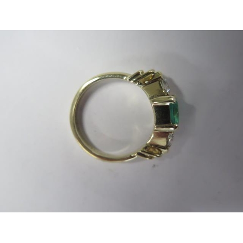 72 - An 18ct yellow gold emerald and trillion cut diamond ring - emerald approx 1.5ct, emerald is a good ... 