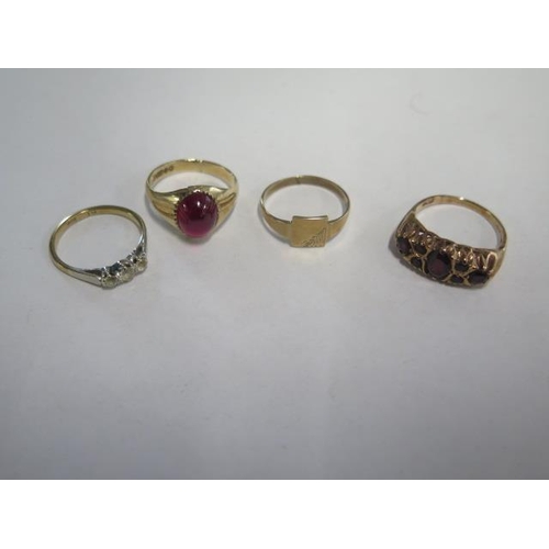 76 - Four 9ct yellow gold rings sizes M and P - total weight approx 10 grams