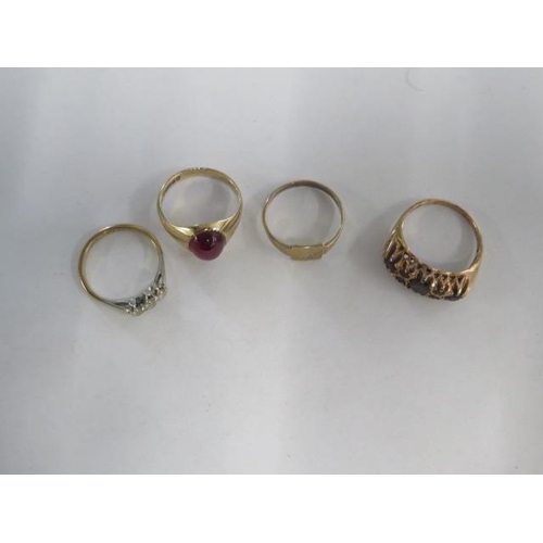 76 - Four 9ct yellow gold rings sizes M and P - total weight approx 10 grams