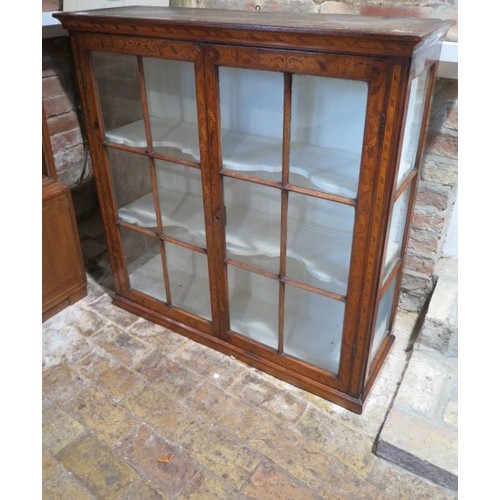 508 - An Oak Marquetry inlaid display cabinet 103 cm tall by 102 by 33 cm , one pane cracked