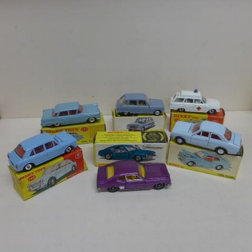 Six Dinky toys cars all boxed - Renault 6 1453, Opel Kapitan 177, Vauxhall Ambulance 278, Ford Escort 168, Ford Capri 165 and Morris 1100 140 - some wear to boxes but all generally good