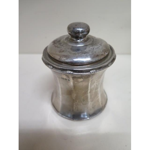 159 - A silver tea caddy London 1908/09 - Height 12cm - engraved to top, dent to top, small dent to side o... 