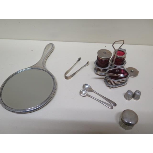161 - A silver and ruby glass cruet set, top loose to mustard and two spoons are plated but glass good - a... 