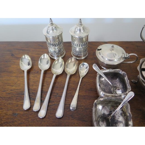 166 - An assortment of silver mustard, peppers and salts and spoons - total weighable silver approx 14 tro... 