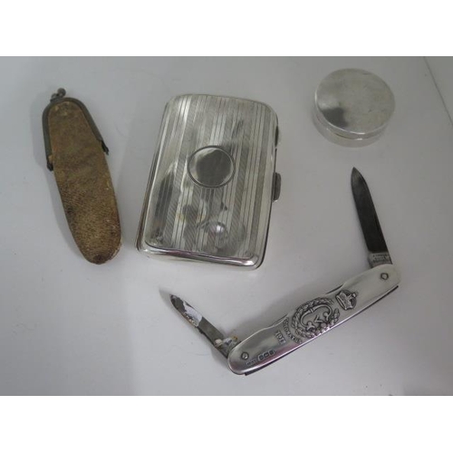 172 - A silver cigarette, silver pill box and a silver 1911 Coronation penknife in leather purse - total w... 