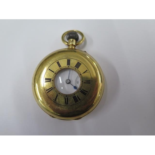 An 18ct yellow gold top wind half hunter pocket watch with 48.5mm case and gold dust cover approx. weight 96.5 grams - in running order, dial good, some small wear to case/ring