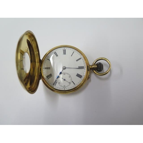 202 - An 18ct yellow gold top wind half hunter pocket watch with 48.5mm case and gold dust cover approx. w... 