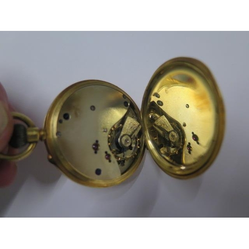 202 - An 18ct yellow gold top wind half hunter pocket watch with 48.5mm case and gold dust cover approx. w... 