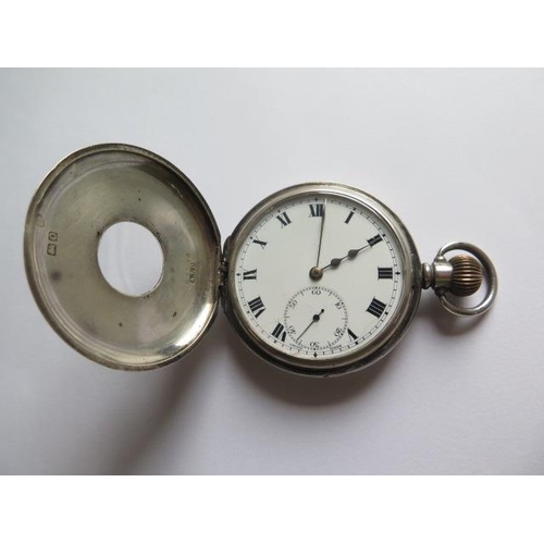 212 - A silver top wind half hunter pocket watch - 50mm case - running, hands adjust, dial good, some wear... 