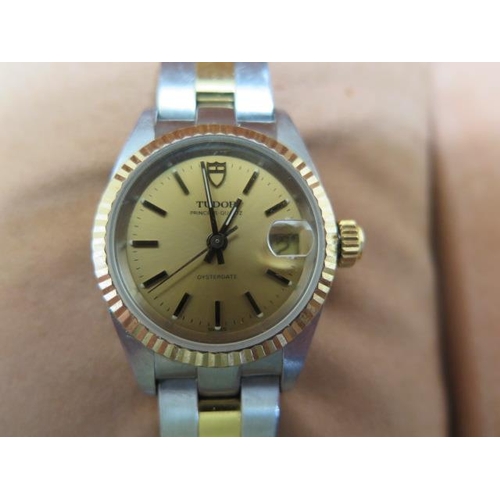 218 - A Tudor Princess quartz Oyster date ladies bi metal wristwatch with champagne date dial - 25mm case ... 