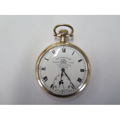 223 - A gold plated Thos Russell & Son top wind pocket watch - 50mm case - running, dial good