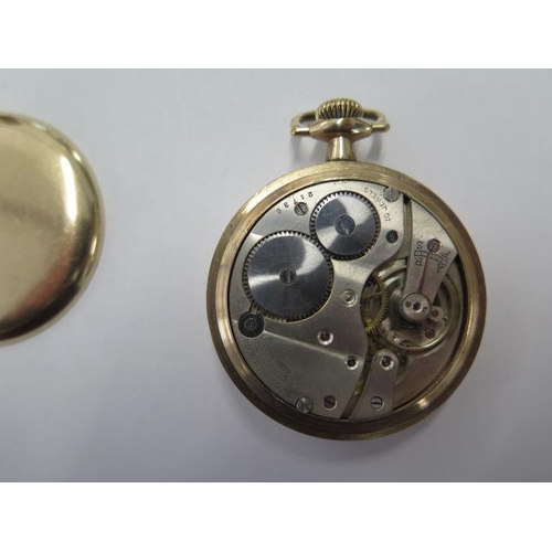 223 - A gold plated Thos Russell & Son top wind pocket watch - 50mm case - running, dial good