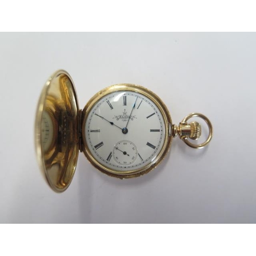 224 - An Elgin top wind gold plated hunter pocket watch - 40mm case - running, dial and case good