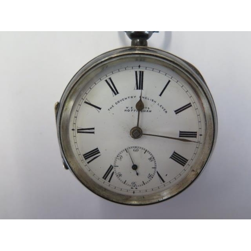 225 - A silver pocket watch key wind The Coventry English Lever - 55mm case - with a silver albert, balanc... 