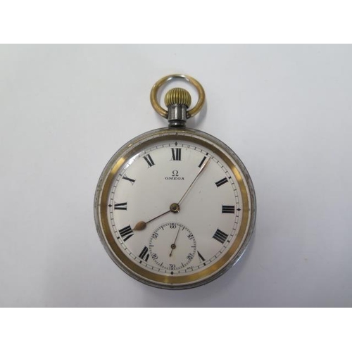 226 - An Omega top wind pocket watch, gun metal case - 50mm case - running, dial good