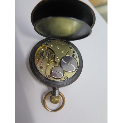 226 - An Omega top wind pocket watch, gun metal case - 50mm case - running, dial good