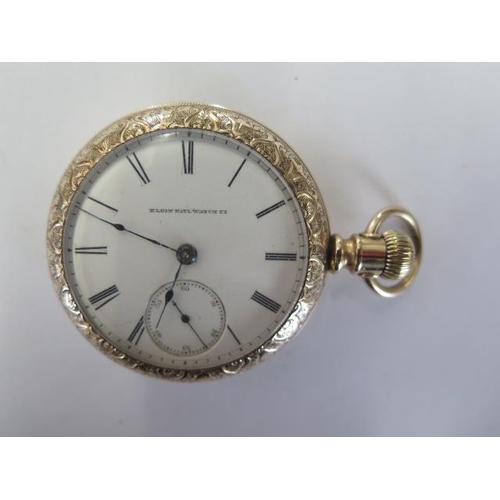 227 - A gold plated Elgin National Watch Co side wind pocket watch - 55mm case - running, dial has small c... 