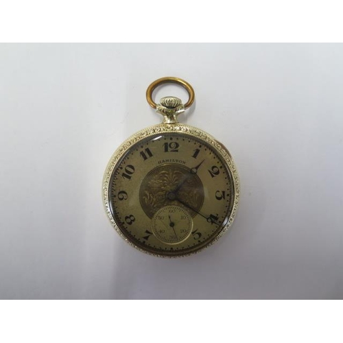 229 - A Hamilton gold plated pocket watch - 45mm case - in running order, marks to dial, polished case