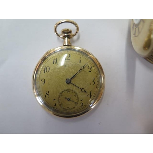 239 - An Elgin half hunter gold plated pocket watch, another similar half hunter and an open face plated w... 